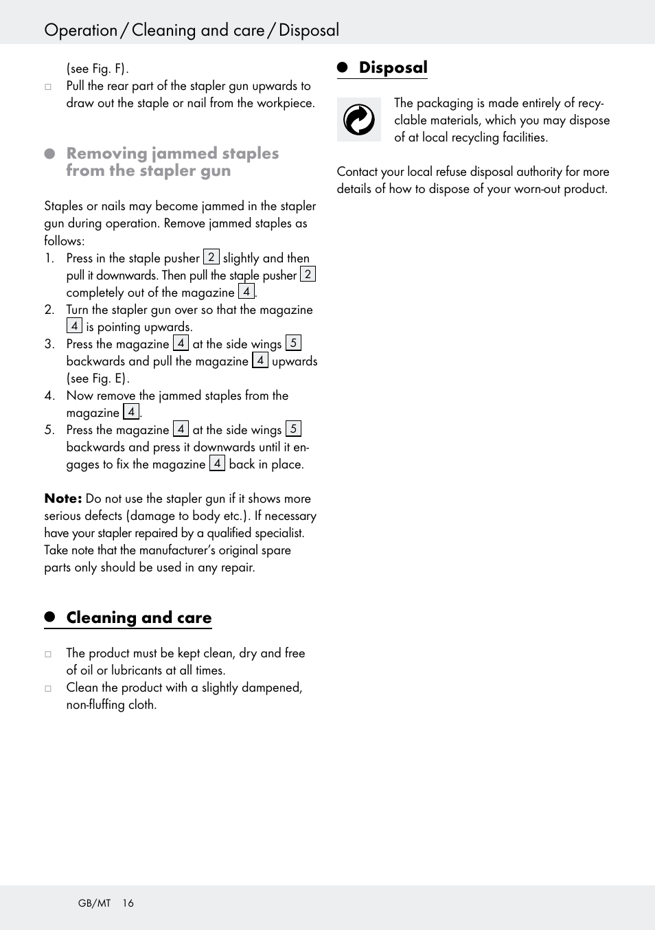 Operation / cleaning and care / disposal, Removing jammed staples from the stapler gun, Cleaning and care | Disposal | Powerfix  Z16531 User Manual | Page 18 / 21