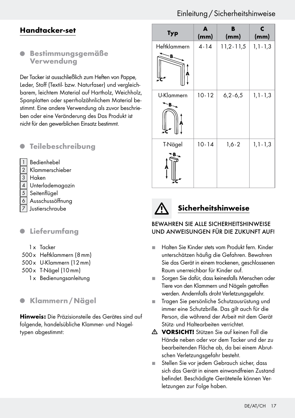 Einleitung / sicherheitshinweise, Handtacker-set, Bestimmungsgemäße verwendung | Teilebeschreibung, Lieferumfang, Klammern / nägel, Sicherheitshinweise | Powerfix  Z16531 User Manual | Page 19 / 21