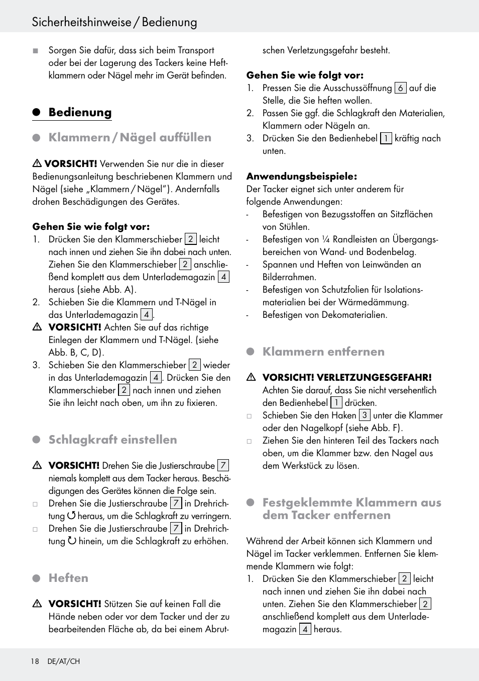 Sicherheitshinweise / bedienung, Bedienung, Klammern / nägel auffüllen | Schlagkraft einstellen, Heften, Klammern entfernen, Festgeklemmte klammern aus dem tacker entfernen | Powerfix  Z16531 User Manual | Page 20 / 21