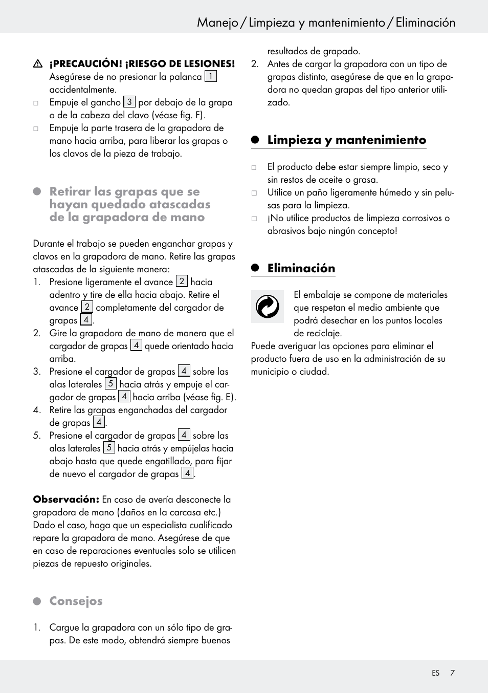 Manejo / limpieza y mantenimiento / eliminación, Consejos, Limpieza y mantenimiento | Eliminación | Powerfix  Z16531 User Manual | Page 9 / 21