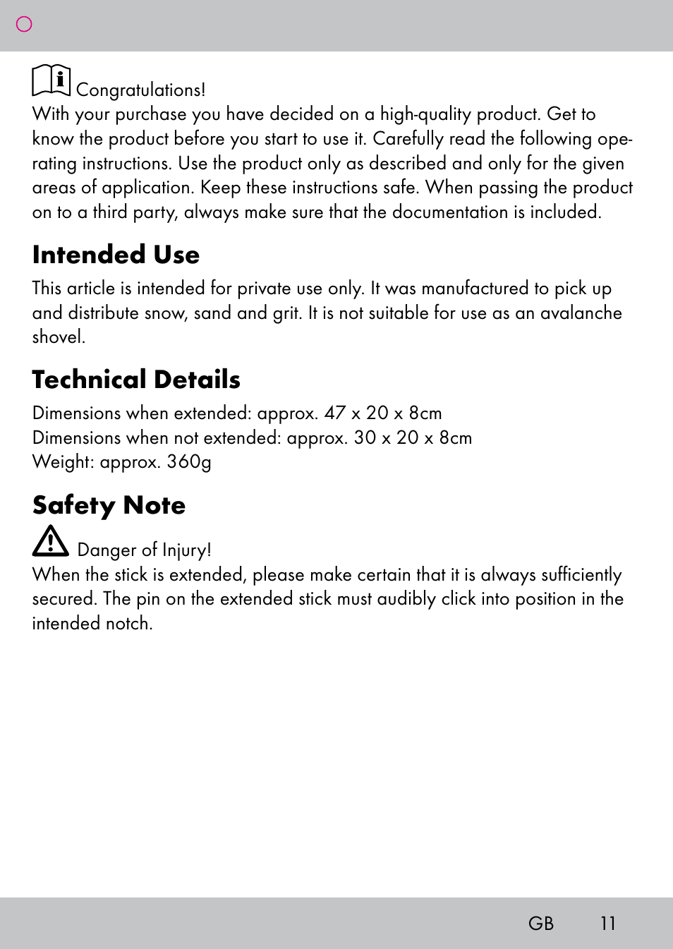 Intended use, Technical details | Powerfix Extendable Compact Shovel User Manual | Page 11 / 16