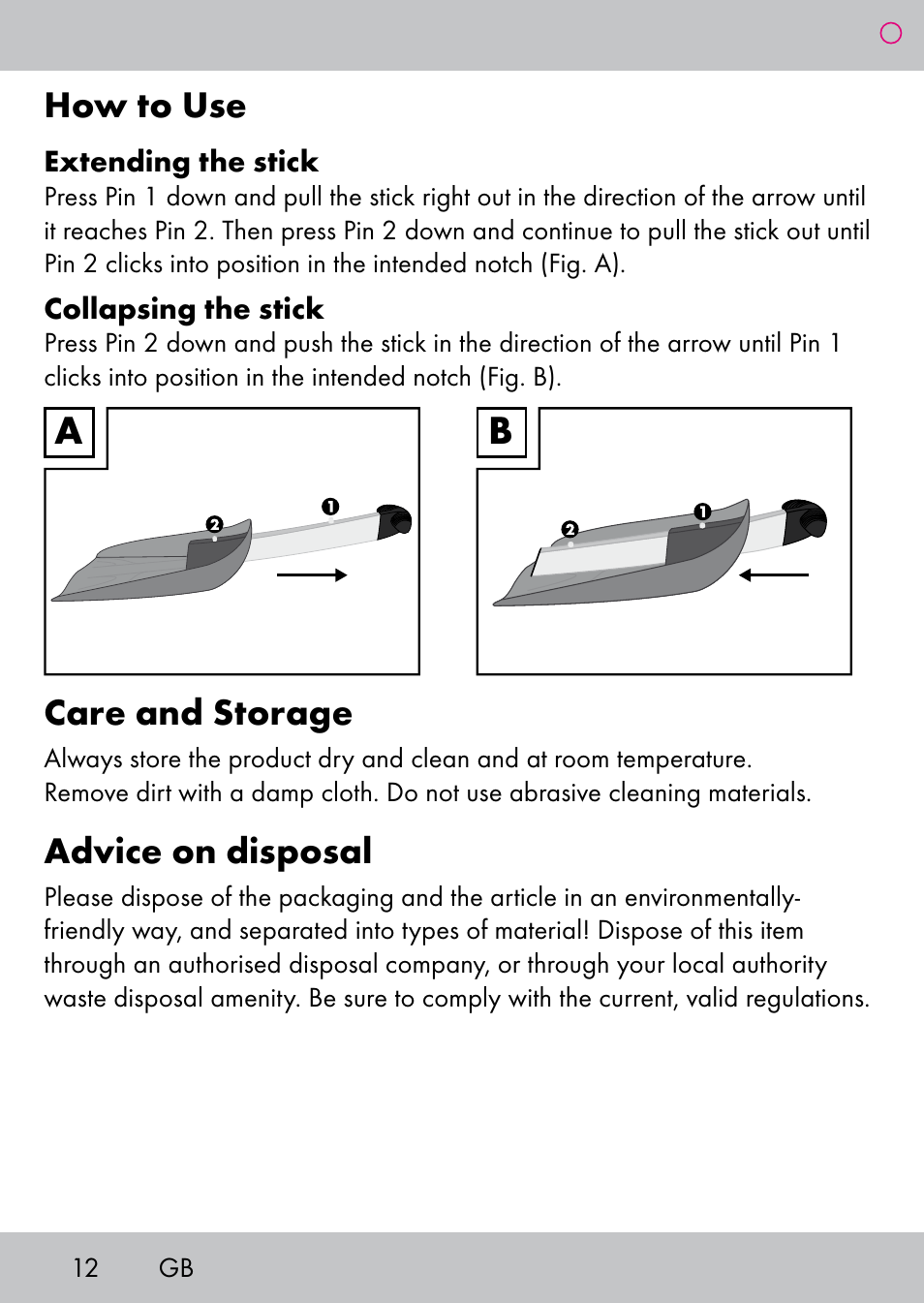 How to use, Care and storage, Advice on disposal | Powerfix Extendable Compact Shovel User Manual | Page 12 / 16