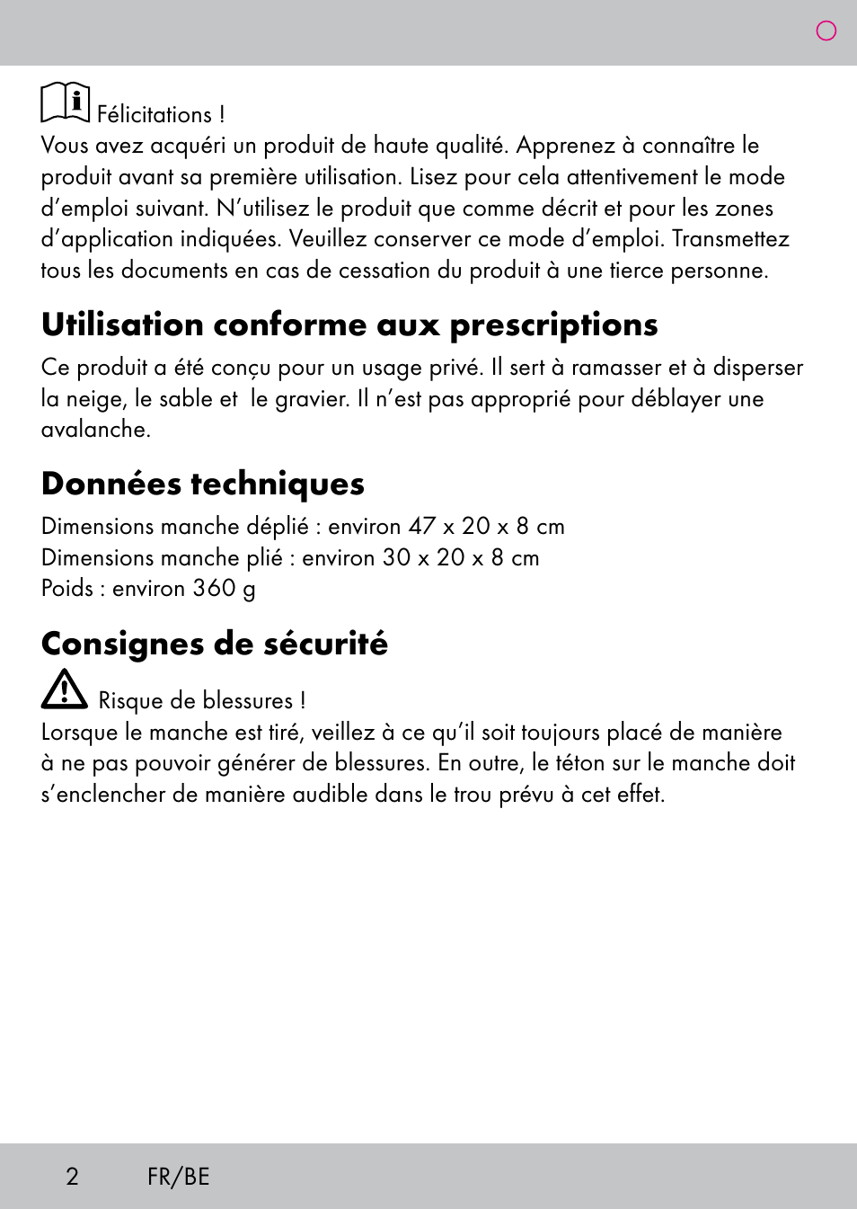 Utilisation conforme aux prescriptions, Données techniques, Consignes de sécurité | Powerfix Extendable Compact Shovel User Manual | Page 2 / 16