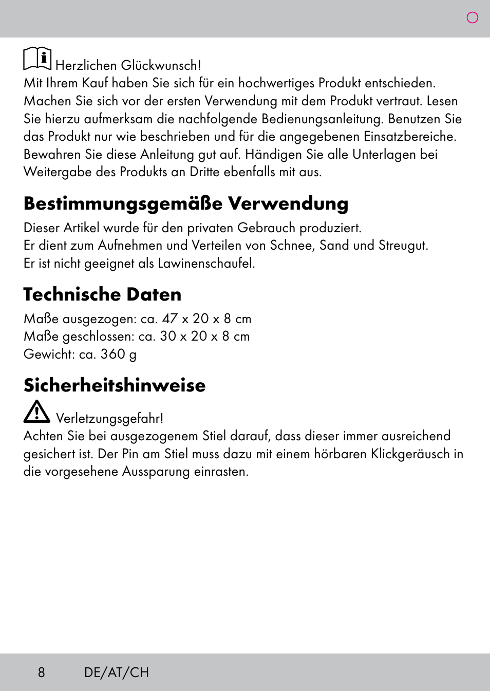 Bestimmungsgemäße verwendung, Technische daten, Sicherheitshinweise | Powerfix Extendable Compact Shovel User Manual | Page 8 / 16