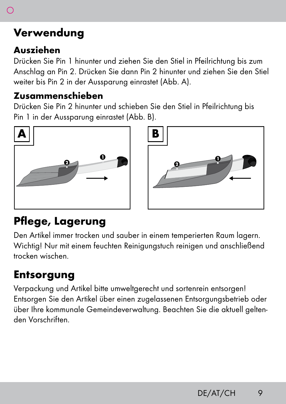 Verwendung, Pflege, lagerung, Entsorgung | Powerfix Extendable Compact Shovel User Manual | Page 9 / 16