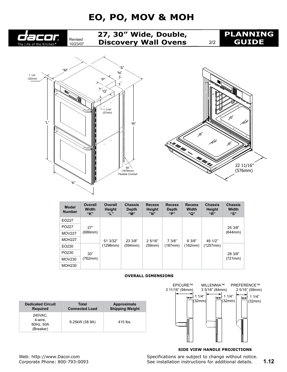 Eo, po, mov & moh, Planning guide, 27, 30” wide, double, discovery wall ovens | Dacor PO User Manual | Page 2 / 2