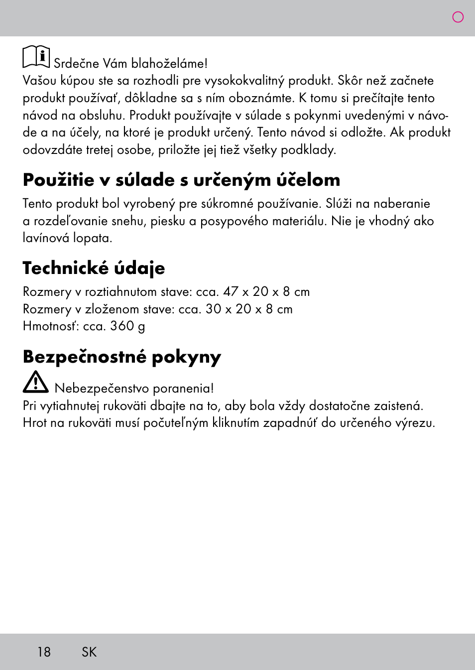 Použitie v súlade s určeným účelom, Technické údaje, Bezpečnostné pokyny | Powerfix Extendable Compact Shovel User Manual | Page 18 / 24