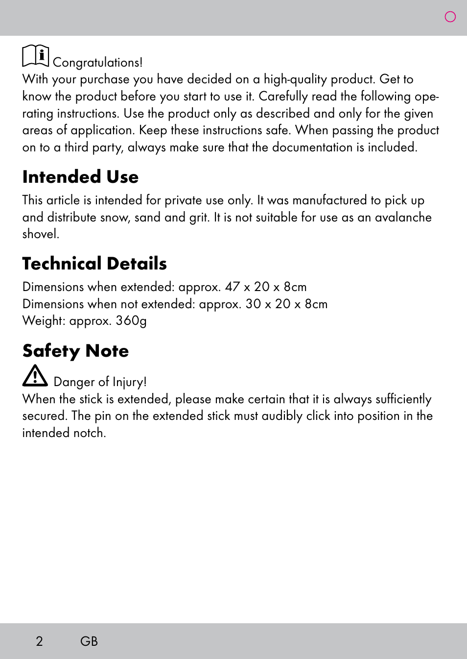 Intended use, Technical details | Powerfix Extendable Compact Shovel User Manual | Page 2 / 24