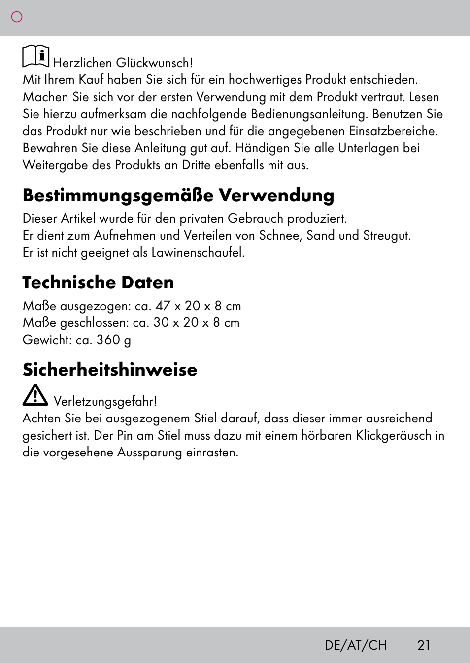 Bestimmungsgemäße verwendung, Technische daten, Sicherheitshinweise | Powerfix Extendable Compact Shovel User Manual | Page 21 / 24