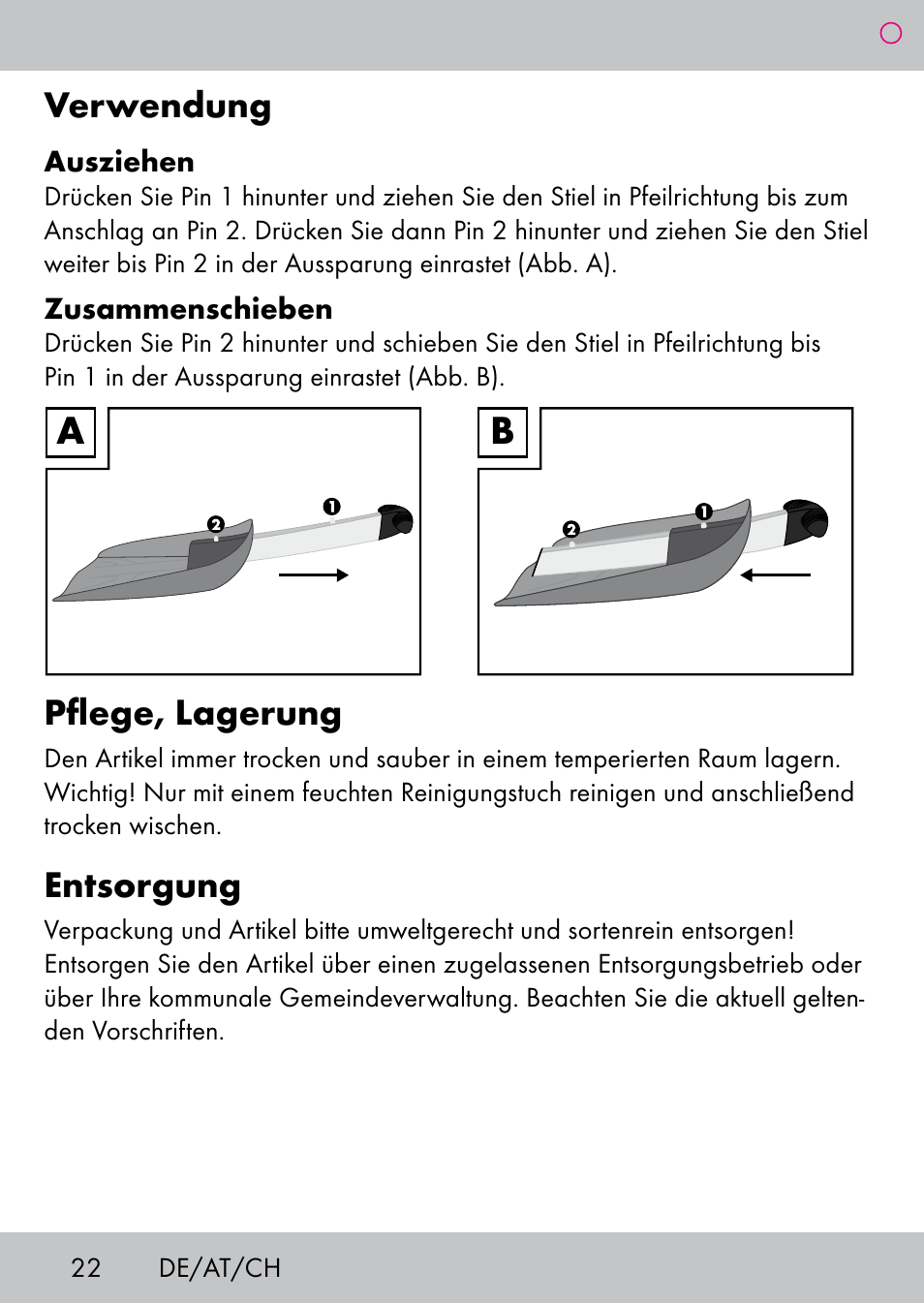 Verwendung, Pflege, lagerung, Entsorgung | Powerfix Extendable Compact Shovel User Manual | Page 22 / 24