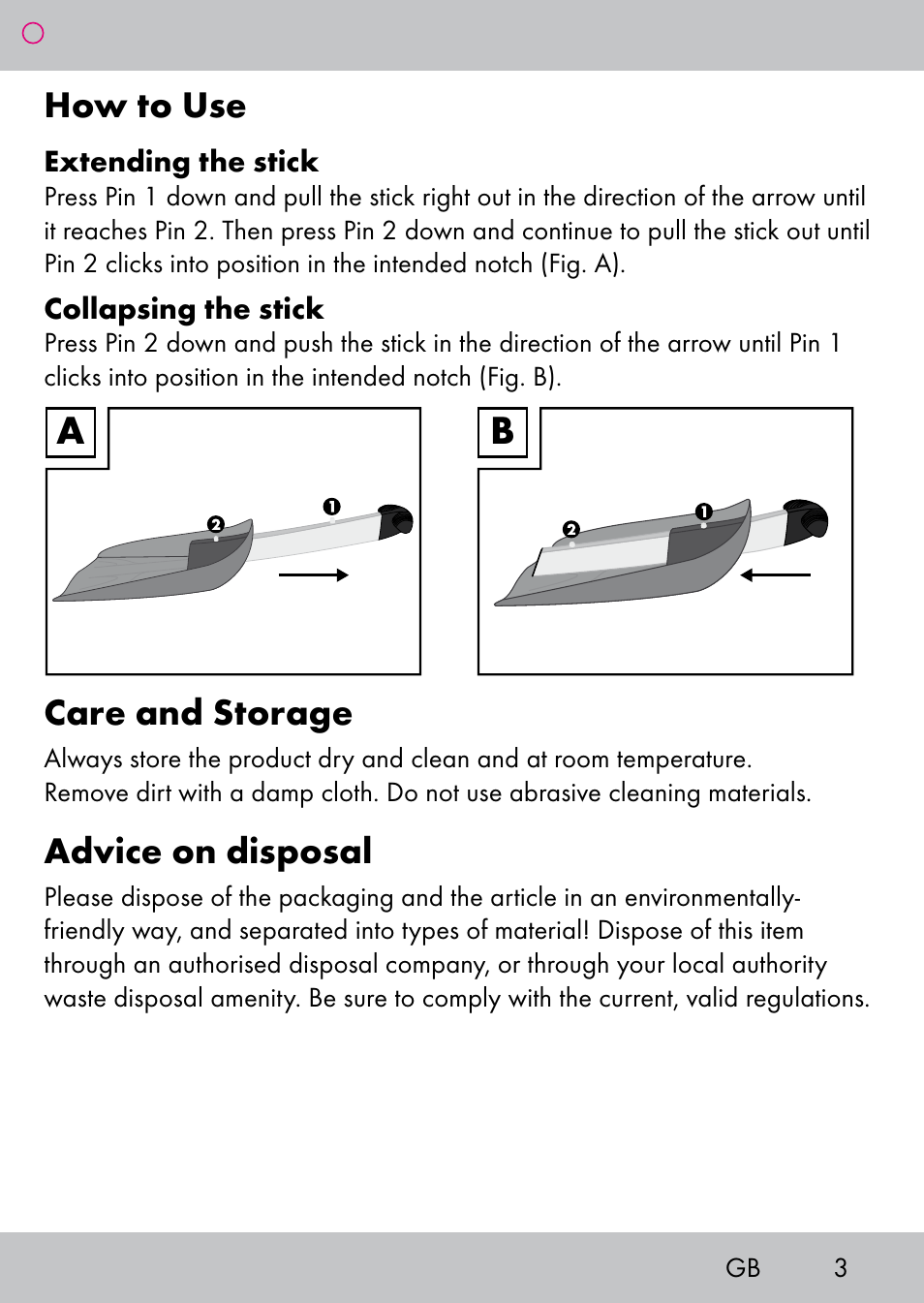 How to use, Care and storage, Advice on disposal | Powerfix Extendable Compact Shovel User Manual | Page 3 / 24