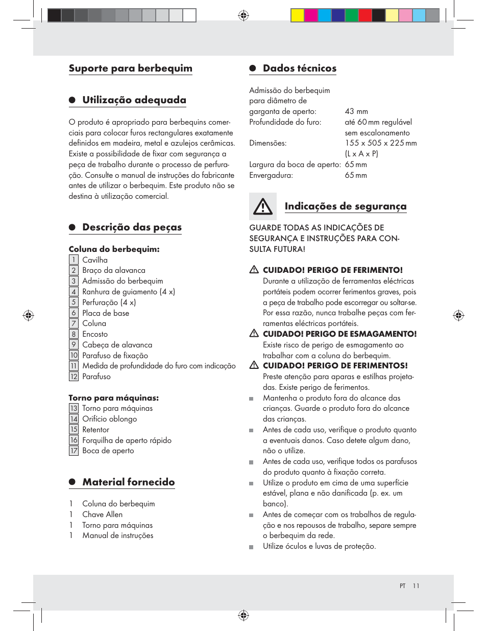 Suporte para berbequim, Utilização adequada, Descrição das peças | Material fornecido, Dados técnicos, Indicações de segurança | Powerfix Z31280 User Manual | Page 11 / 19