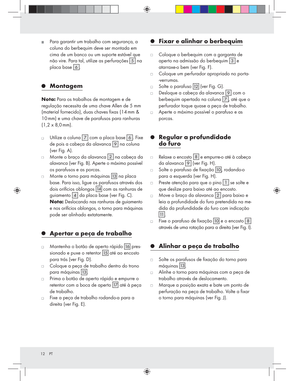 Montagem, Apertar a peça de trabalho, Fixar e alinhar o berbequim | Regular a profundidade do furo, Alinhar a peça de trabalho | Powerfix Z31280 User Manual | Page 12 / 19