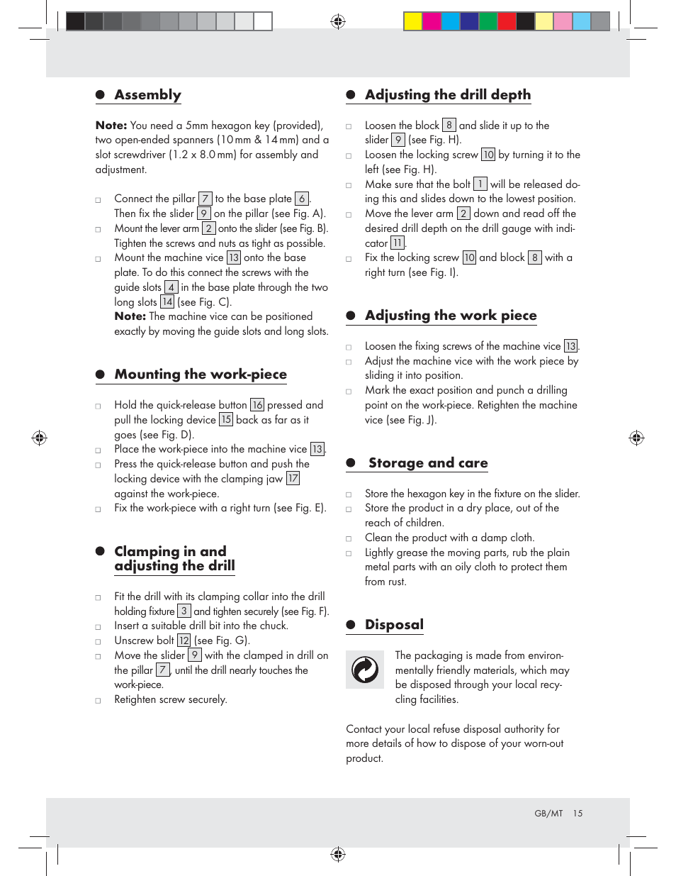 Assembly, Mounting the work-piece, Clamping in and adjusting the drill | Adjusting the drill depth, Adjusting the work piece, Storage and care, Disposal | Powerfix Z31280 User Manual | Page 15 / 19