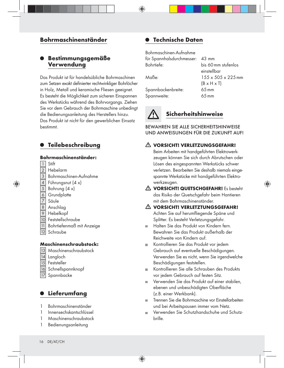 Bohrmaschinenständer, Bestimmungsgemäße verwendung, Teilebeschreibung | Lieferumfang, Technische daten, Sicherheitshinweise | Powerfix Z31280 User Manual | Page 16 / 19