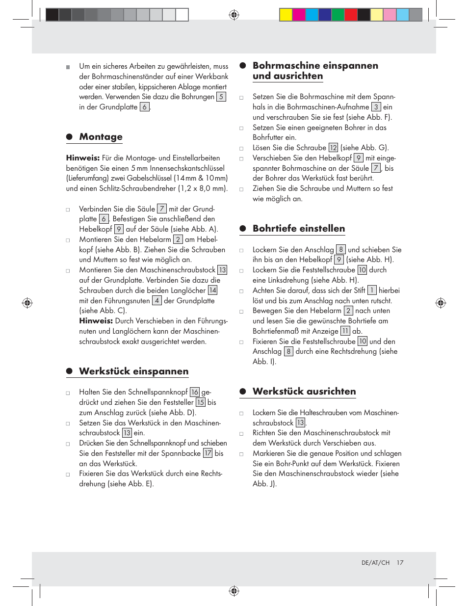 Montage, Werkstück einspannen, Bohrmaschine einspannen und ausrichten | Bohrtiefe einstellen, Werkstück ausrichten | Powerfix Z31280 User Manual | Page 17 / 19