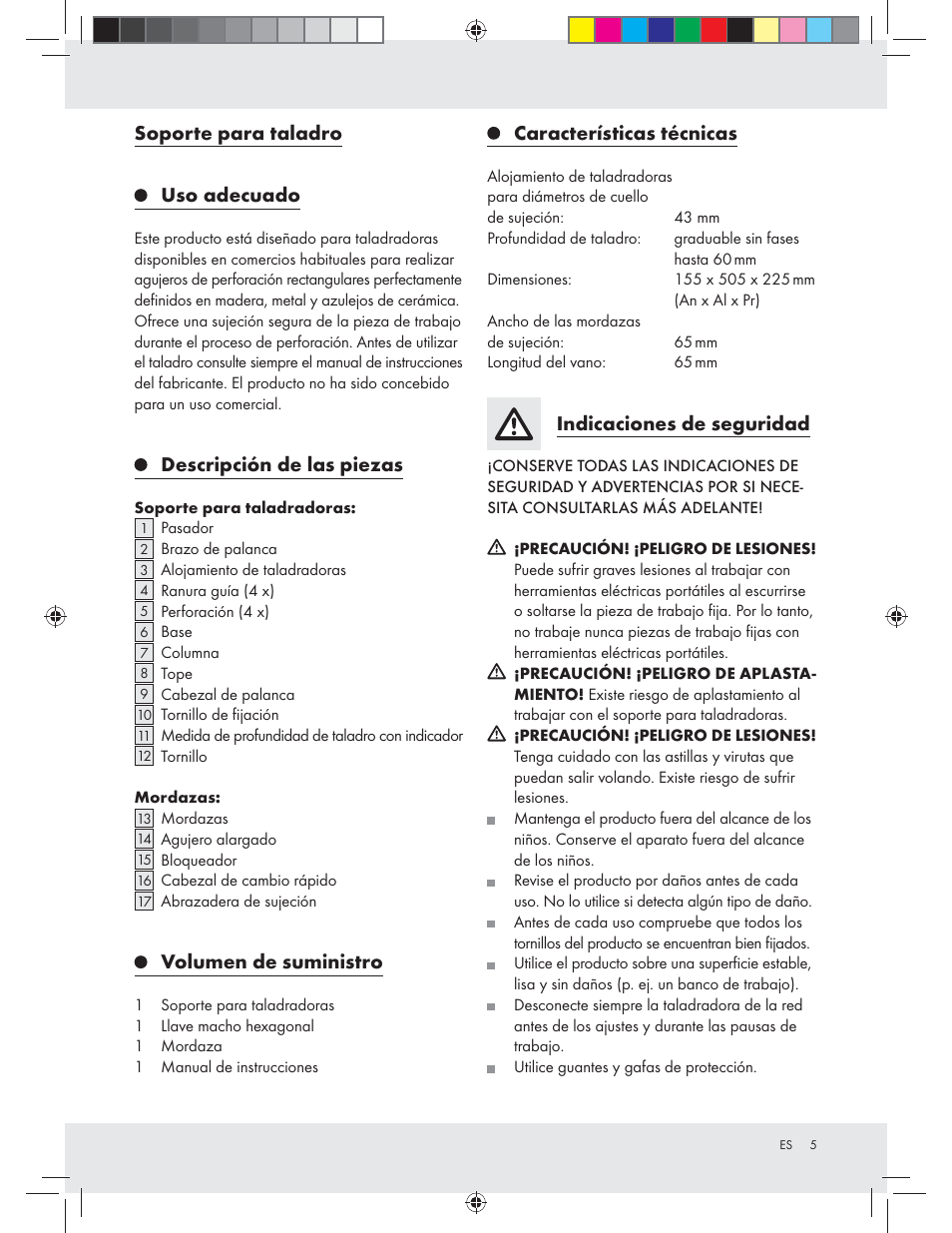 Soporte para taladro, Uso adecuado, Descripción de las piezas | Volumen de suministro, Características técnicas, Indicaciones de seguridad | Powerfix Z31280 User Manual | Page 5 / 19