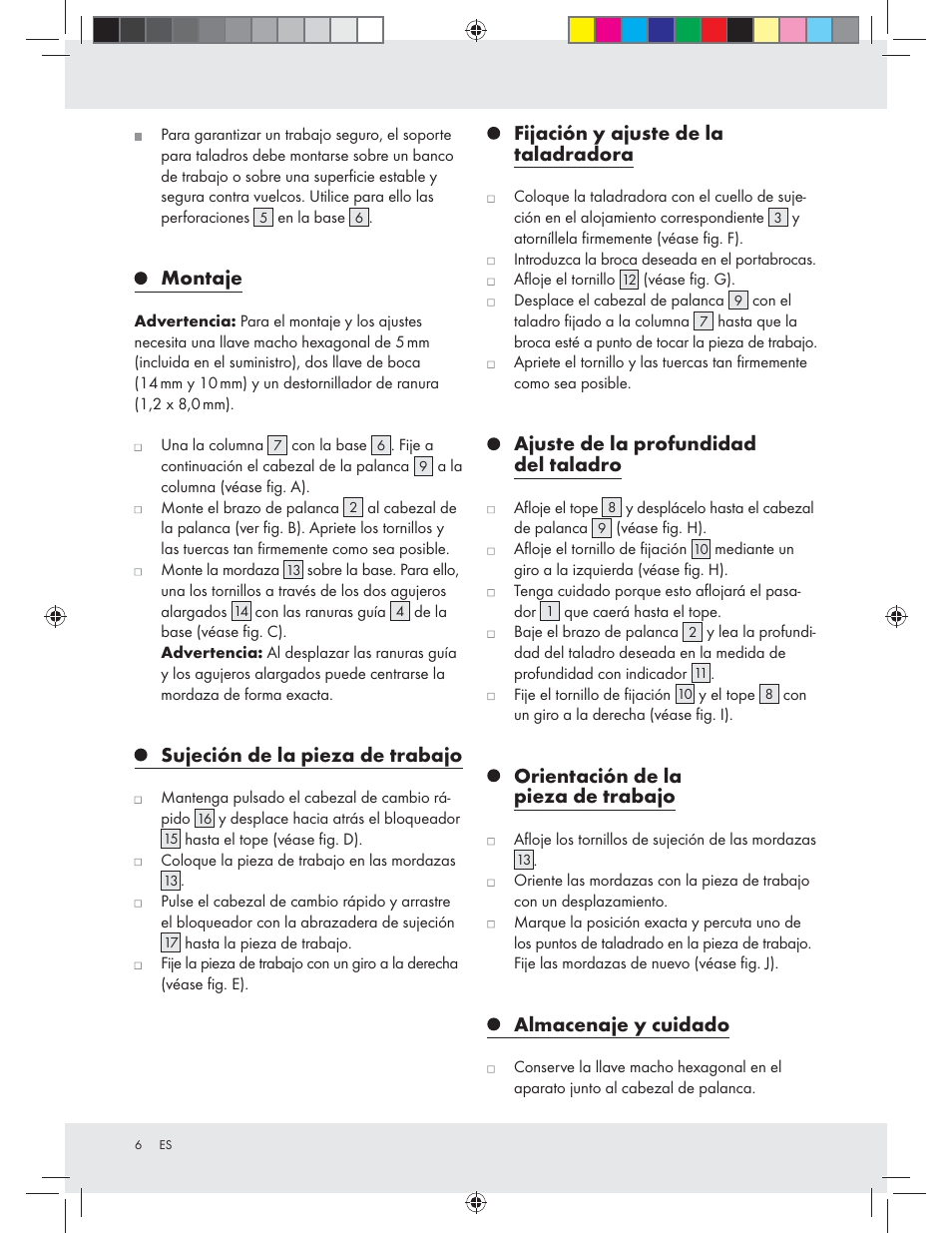 Montaje, Sujeción de la pieza de trabajo, Fijación y ajuste de la taladradora | Ajuste de la profundidad del taladro, Orientación de la pieza de trabajo, Almacenaje y cuidado | Powerfix Z31280 User Manual | Page 6 / 19