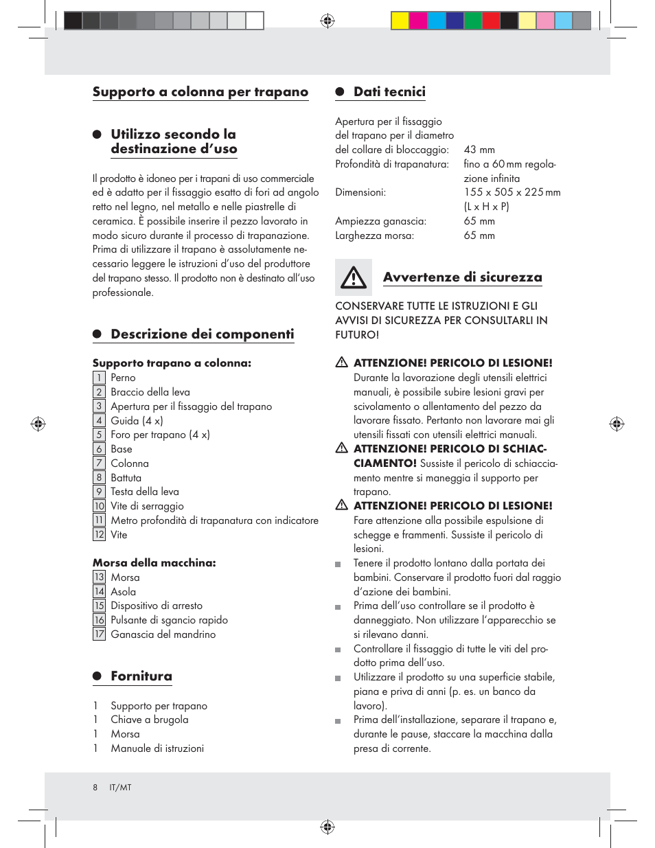 Supporto a colonna per trapano, Utilizzo secondo la destinazione d’uso, Descrizione dei componenti | Fornitura, Dati tecnici, Avvertenze di sicurezza | Powerfix Z31280 User Manual | Page 8 / 19