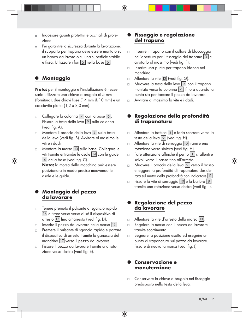 Montaggio, Montaggio del pezzo da lavorare, Fissaggio e regolazione del trapano | Regolazione della profondità di trapanatura, Regolazione del pezzo da lavorare, Conservazione e manutenzione | Powerfix Z31280 User Manual | Page 9 / 19