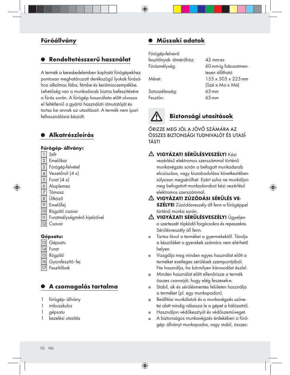 Fúróállvány, Rendeltetésszerű használat, Alkatrészleírás | A csomagolás tartalma, Műszaki adatok, Biztonsági utasítások | Powerfix Z31280 User Manual | Page 10 / 23