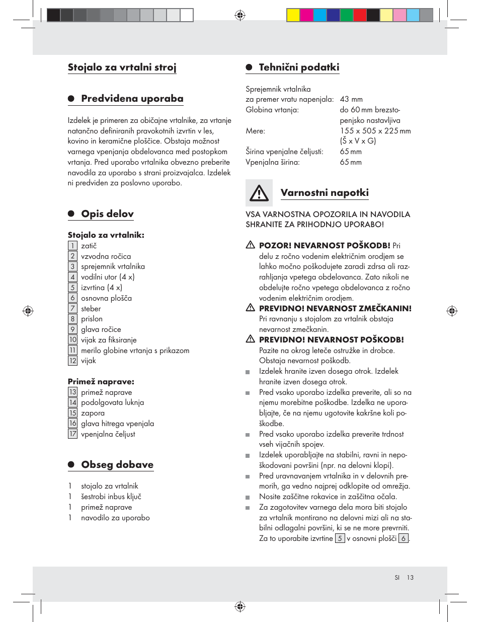 Stojalo za vrtalni stroj, Predvidena uporaba, Opis delov | Obseg dobave, Tehnični podatki, Varnostni napotki | Powerfix Z31280 User Manual | Page 13 / 23