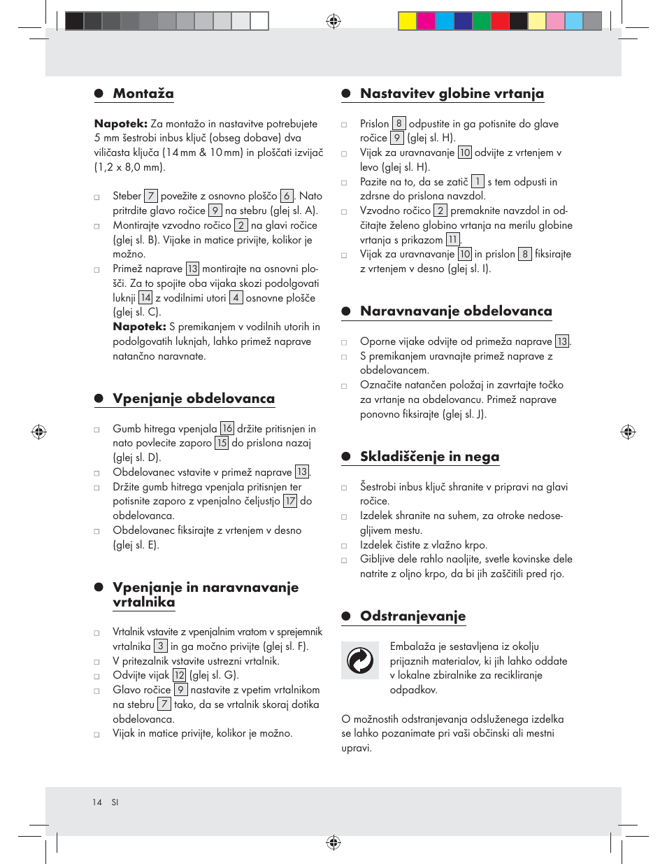 Montaža, Vpenjanje obdelovanca, Vpenjanje in naravnavanje vrtalnika | Nastavitev globine vrtanja, Naravnavanje obdelovanca, Skladiščenje in nega, Odstranjevanje | Powerfix Z31280 User Manual | Page 14 / 23