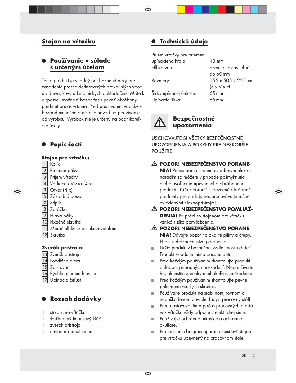 Stojan na vŕtačku, Používanie v súlade s určeným účelom, Popis častí | Rozsah dodávky, Technické údaje, Bezpečnostné upozornenia | Powerfix Z31280 User Manual | Page 17 / 23
