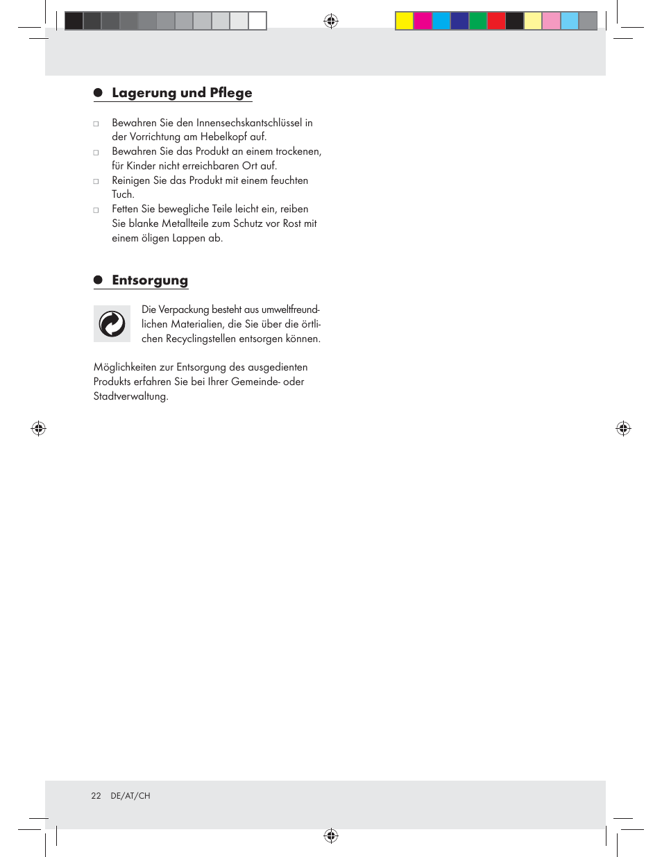 Lagerung und pﬂege, Entsorgung | Powerfix Z31280 User Manual | Page 22 / 23