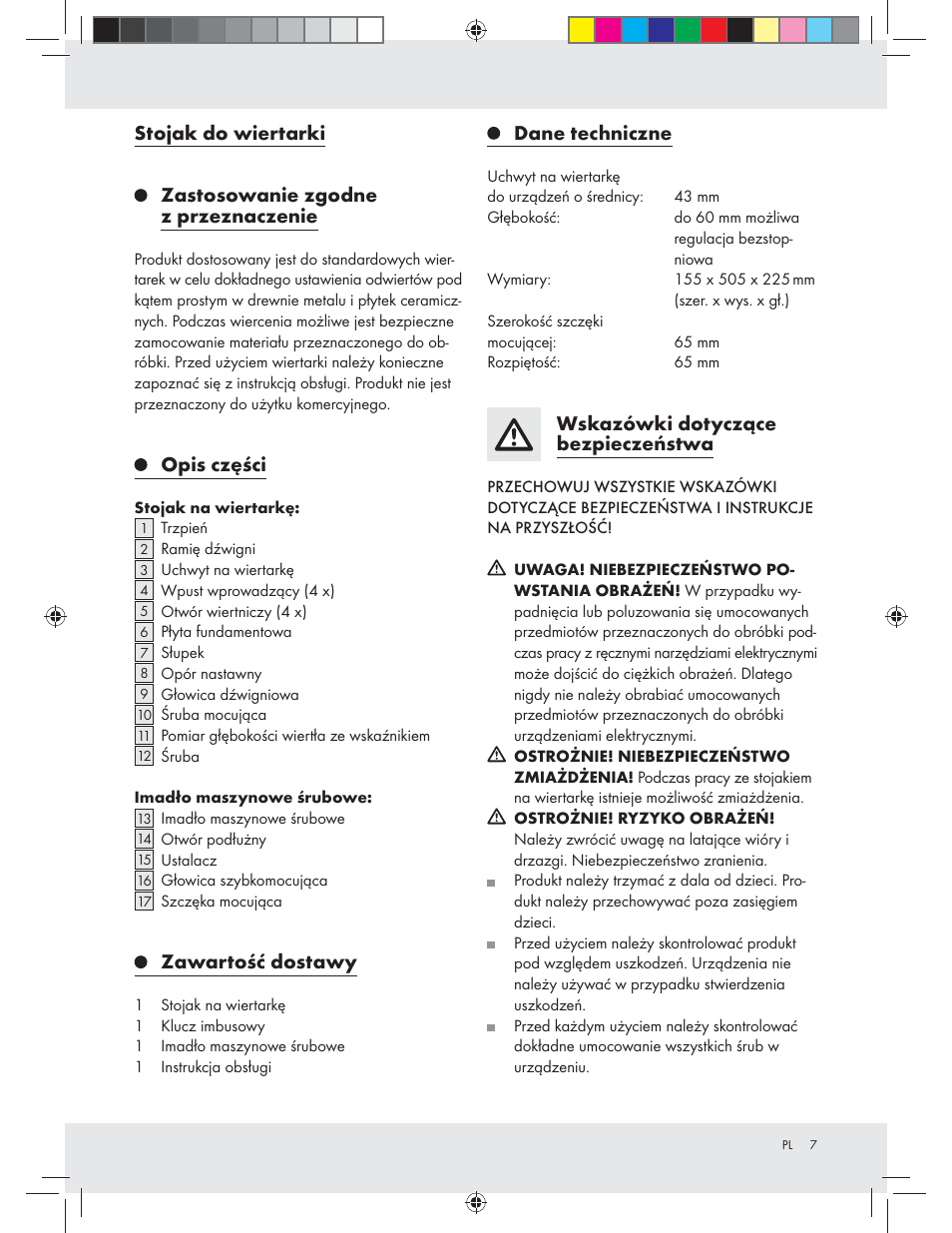 Stojak do wiertarki, Zastosowanie zgodne z przeznaczenie, Opis części | Zawartość dostawy, Dane techniczne, Wskazówki dotyczące bezpieczeństwa | Powerfix Z31280 User Manual | Page 7 / 23