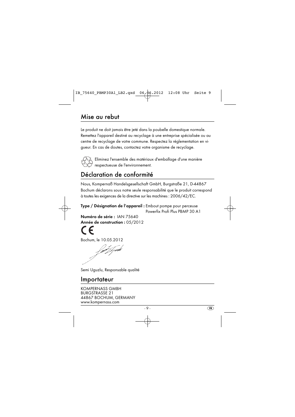 Mise au rebut, Déclaration de conformité, Importateur | Powerfix PBMP 30 A1 User Manual | Page 12 / 44