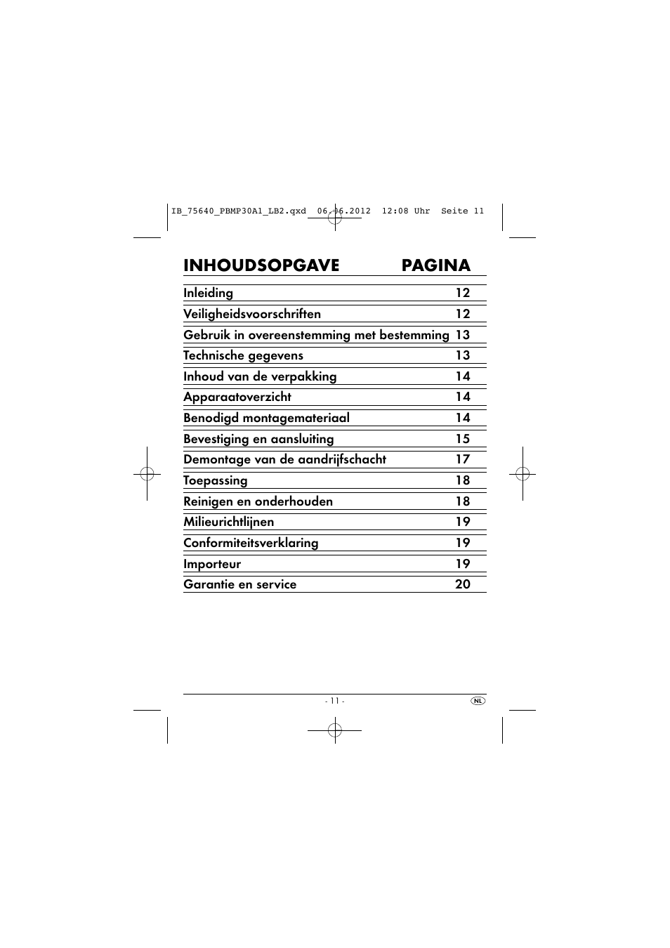 Inhoudsopgave pagina | Powerfix PBMP 30 A1 User Manual | Page 14 / 44