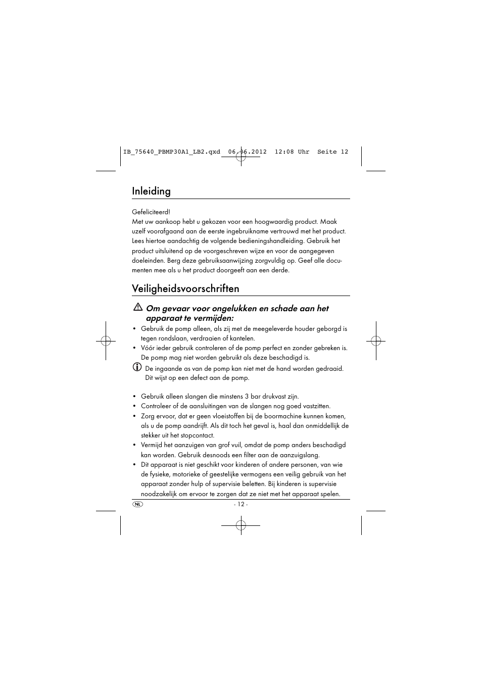 Inleiding, Veiligheidsvoorschriften | Powerfix PBMP 30 A1 User Manual | Page 15 / 44