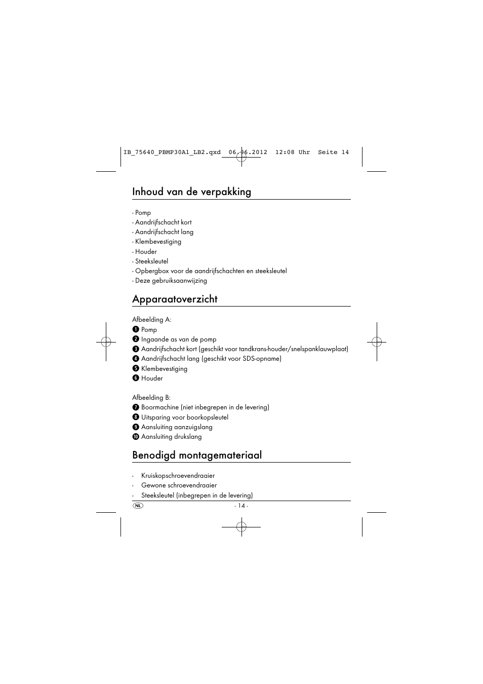 Inhoud van de verpakking, Apparaatoverzicht, Benodigd montagemateriaal | Powerfix PBMP 30 A1 User Manual | Page 17 / 44