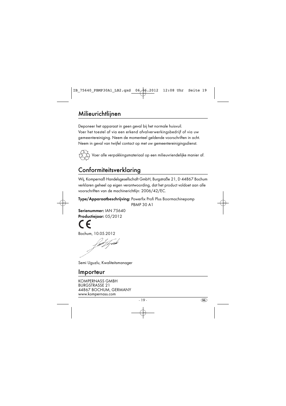 Milieurichtlijnen, Conformiteitsverklaring, Importeur | Powerfix PBMP 30 A1 User Manual | Page 22 / 44