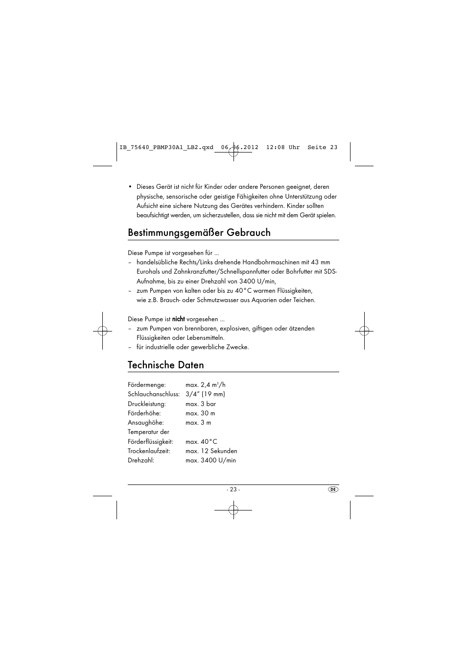 Bestimmungsgemäßer gebrauch, Technische daten | Powerfix PBMP 30 A1 User Manual | Page 26 / 44