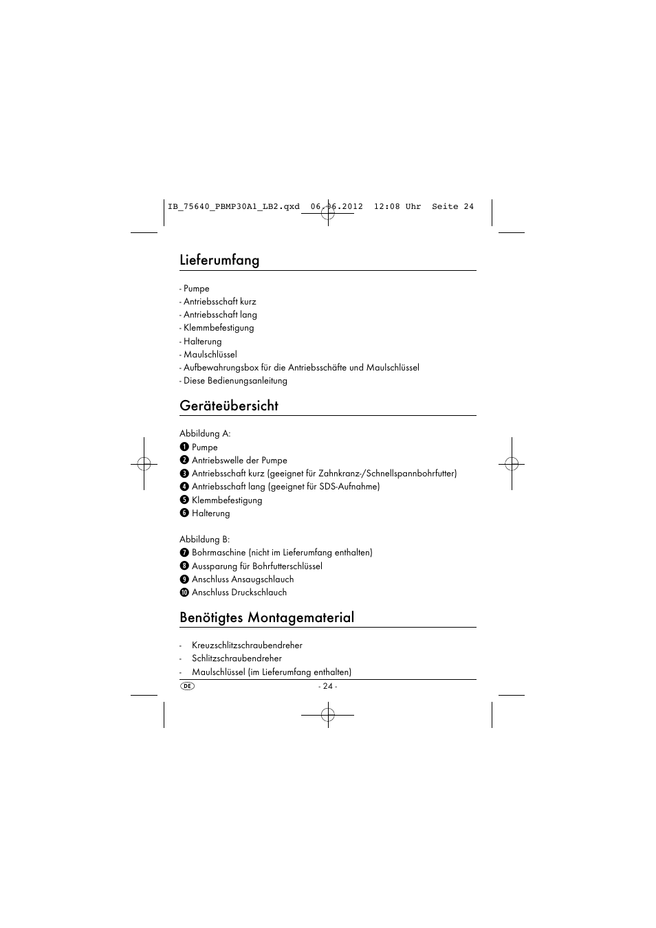 Lieferumfang, Geräteübersicht, Benötigtes montagematerial | Powerfix PBMP 30 A1 User Manual | Page 27 / 44