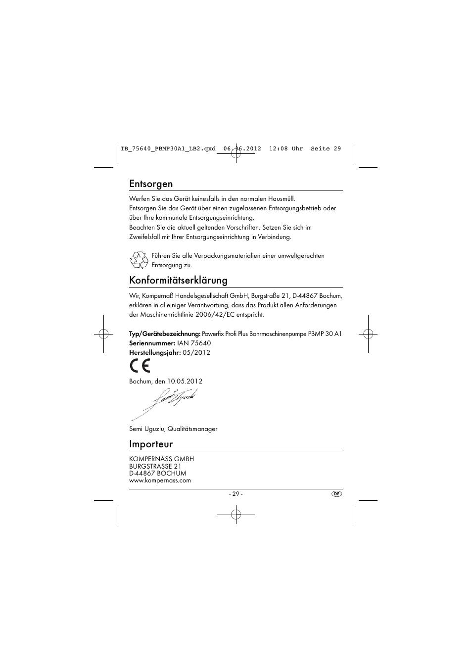 Entsorgen, Konformitätserklärung, Importeur | Powerfix PBMP 30 A1 User Manual | Page 32 / 44