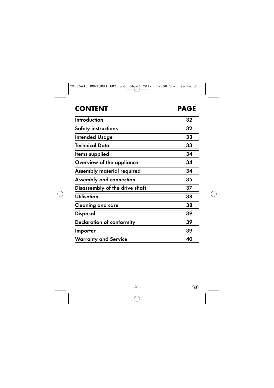 Content page | Powerfix PBMP 30 A1 User Manual | Page 34 / 44