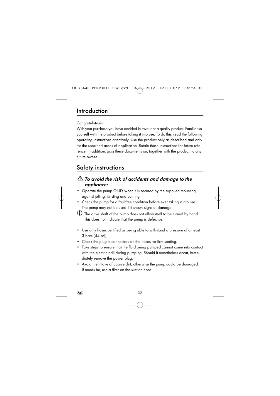 Introduction, Safety instructions | Powerfix PBMP 30 A1 User Manual | Page 35 / 44