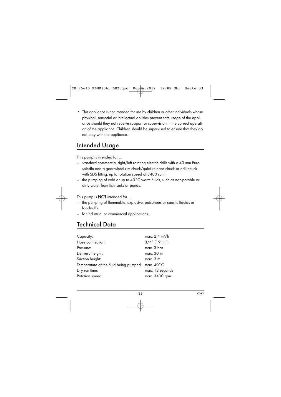 Intended usage, Technical data | Powerfix PBMP 30 A1 User Manual | Page 36 / 44