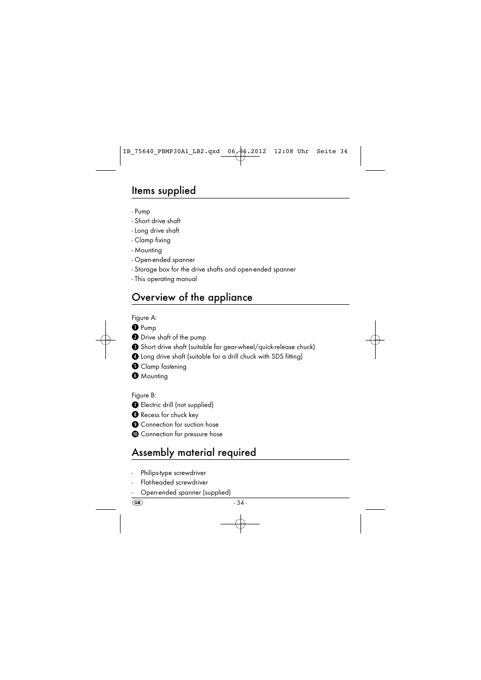 Items supplied, Overview of the appliance, Assembly material required | Powerfix PBMP 30 A1 User Manual | Page 37 / 44