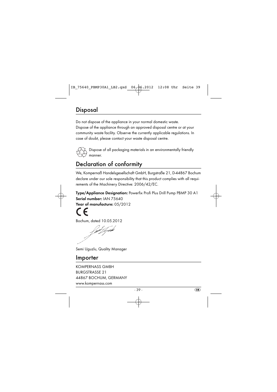 Disposal, Declaration of conformity, Importer | Powerfix PBMP 30 A1 User Manual | Page 42 / 44