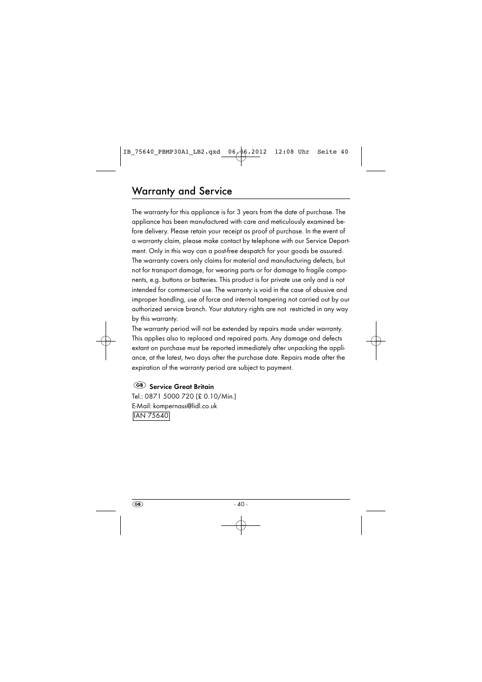 Warranty and service | Powerfix PBMP 30 A1 User Manual | Page 43 / 44