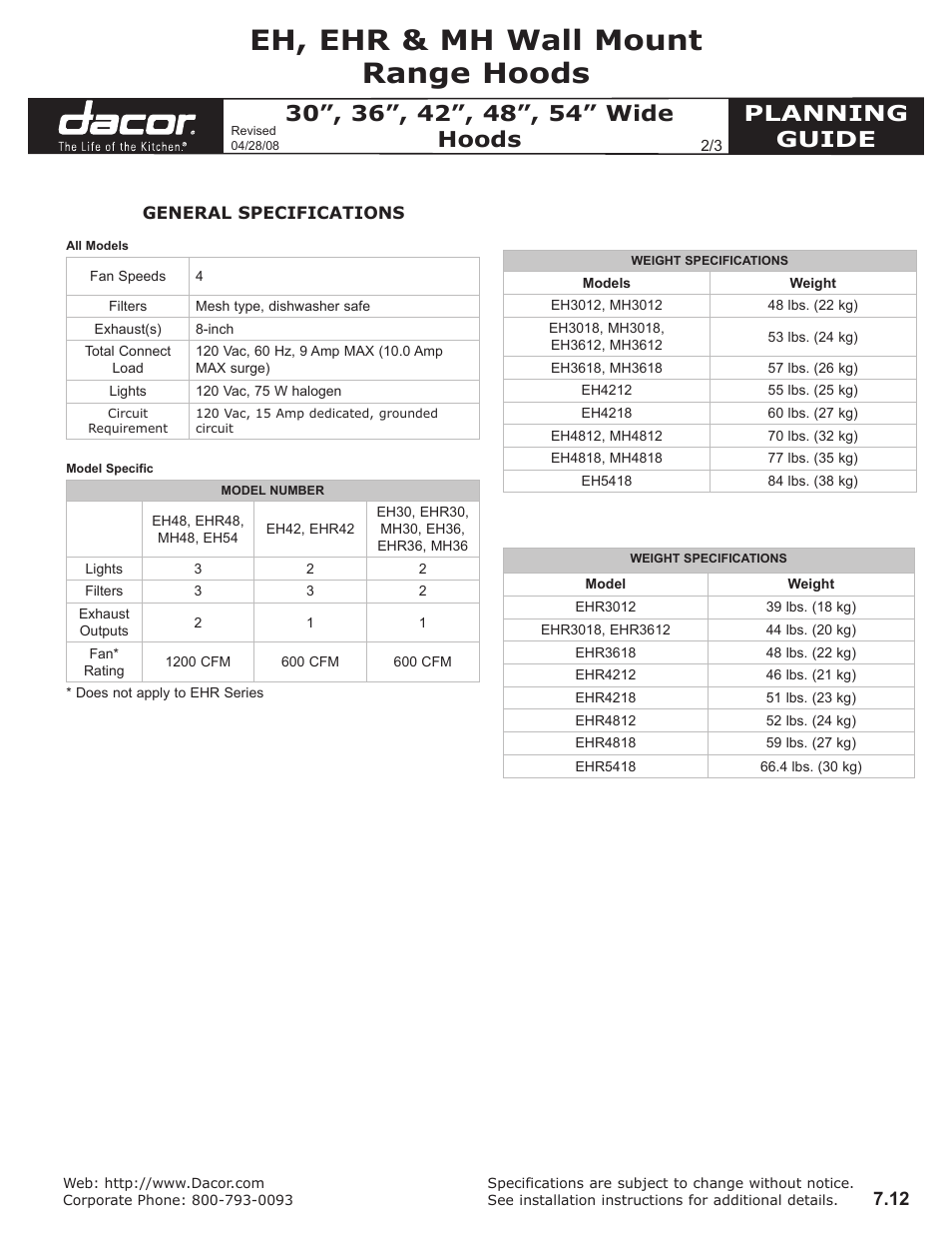 Eh, ehr & mh wall mount range hoods, Planning guide | Dacor EH3012 User Manual | Page 2 / 3