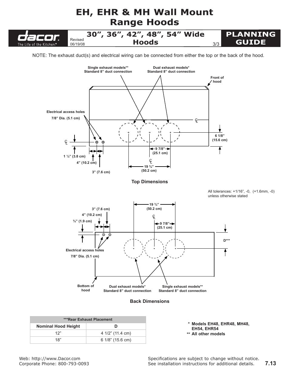 Eh, ehr & mh wall mount range hoods, Planning guide | Dacor EH3012 User Manual | Page 3 / 3