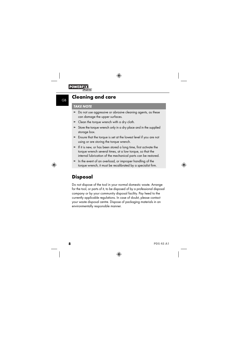 Cleaning and care, Disposal | Powerfix PDS 45 A1 User Manual | Page 11 / 44