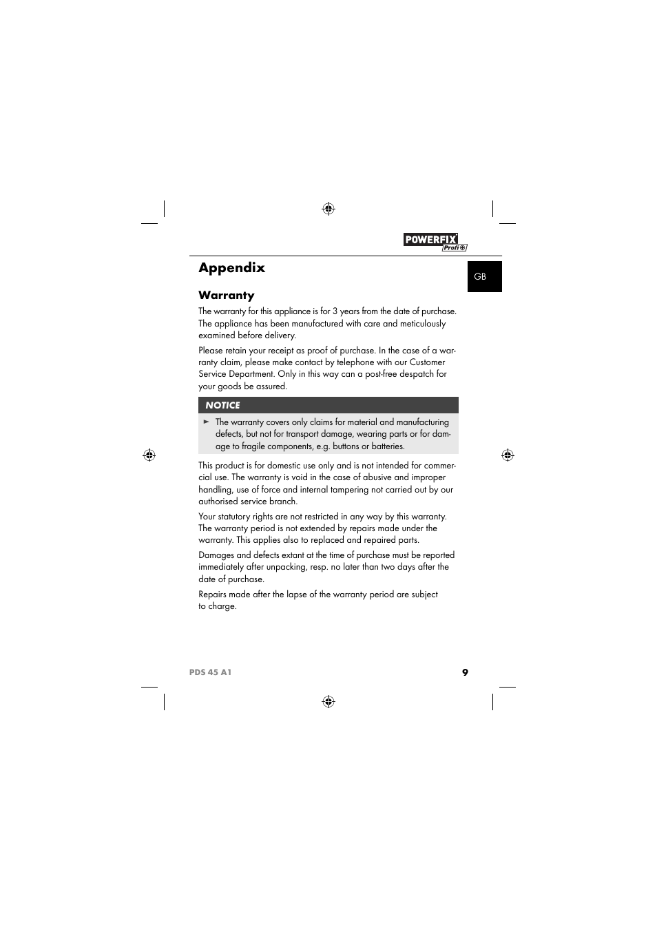 Appendix, Warranty | Powerfix PDS 45 A1 User Manual | Page 12 / 44