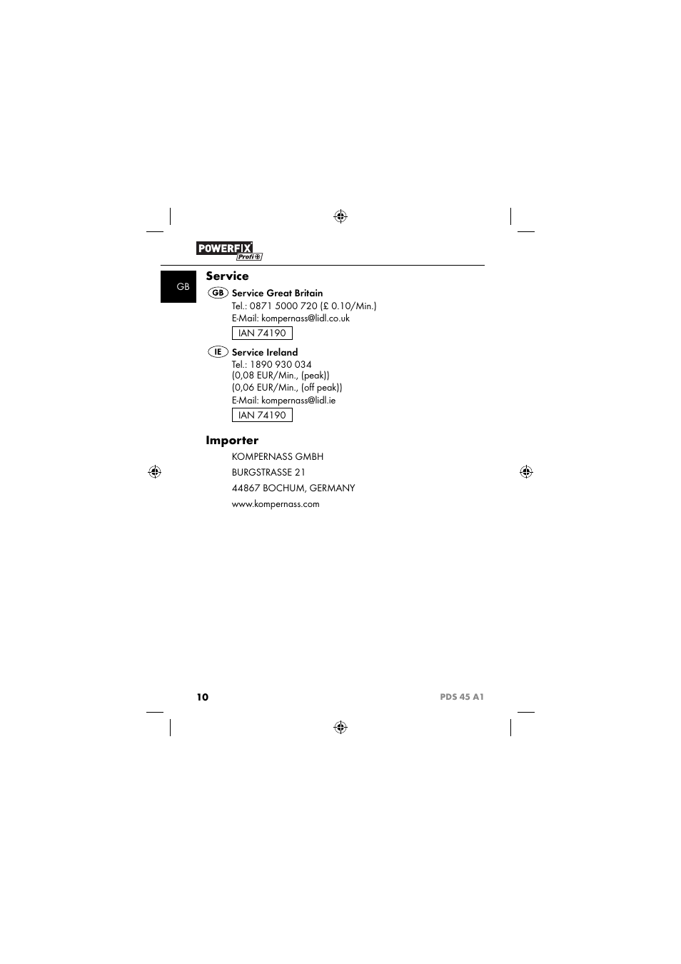 Service, Importer | Powerfix PDS 45 A1 User Manual | Page 13 / 44