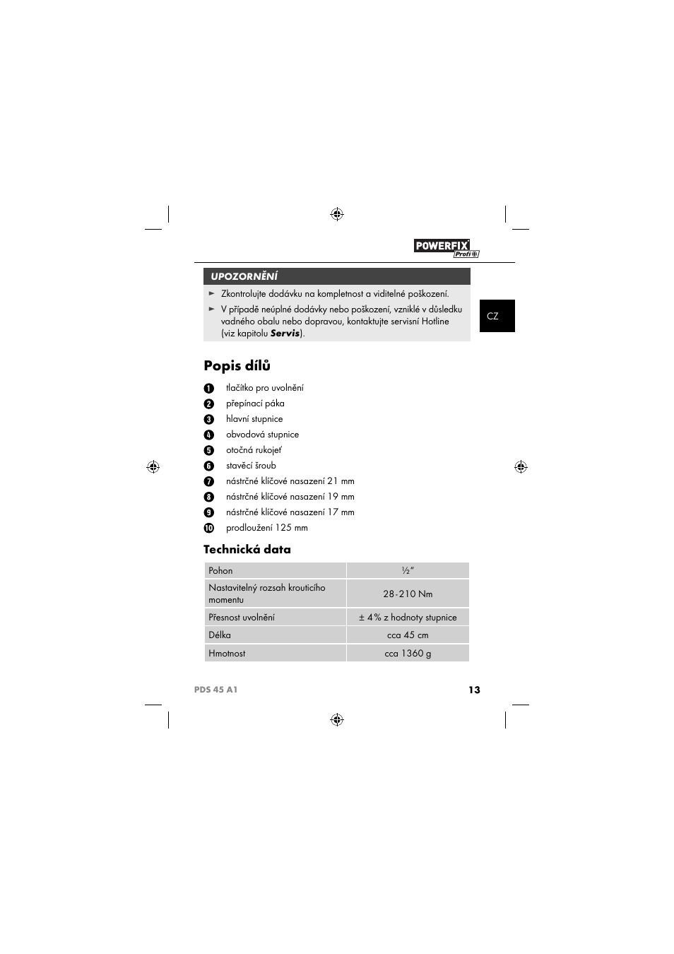 Popis dílů, Technická data | Powerfix PDS 45 A1 User Manual | Page 16 / 44